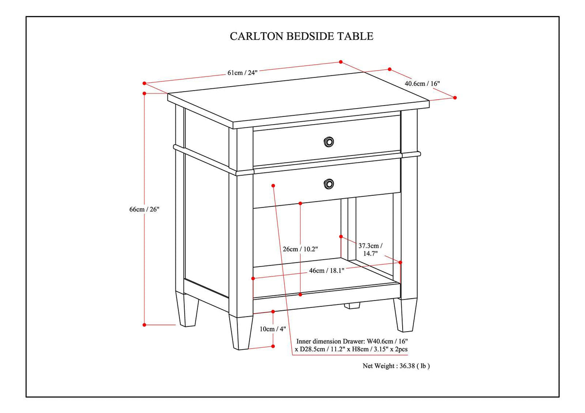 Carlton 24 Inch Wide Solid Wood Bedside Table in Rustic